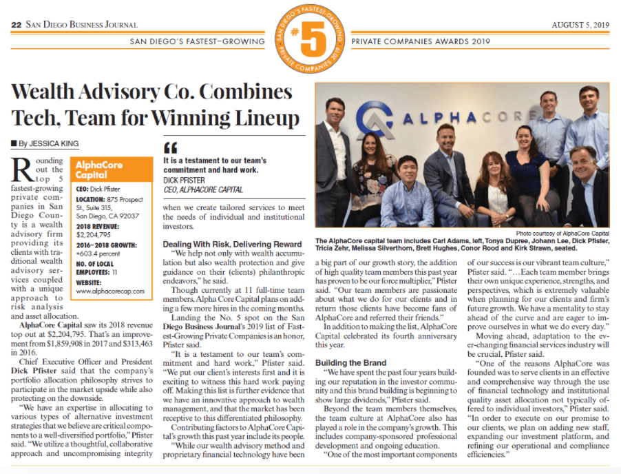 AlphaCore Named #5 Fastest-Growing Private Company by SDBJ